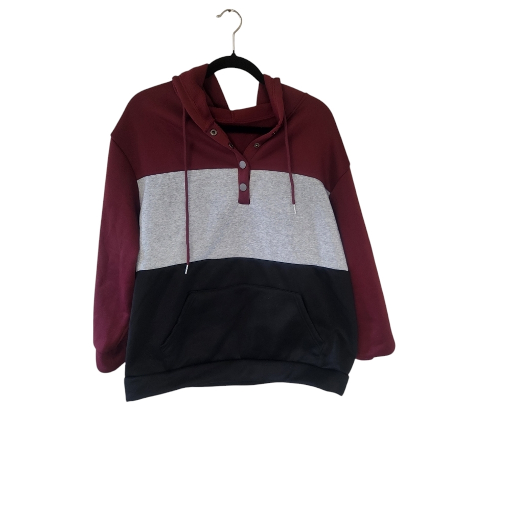 Shein curve Maroon, Gray, and Black Colorblock Hoodie.